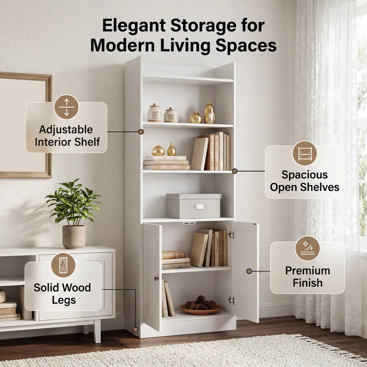 Industrial 6-Shelf Bookcase with Dual Doors – Floor-Standing Home Office Storage