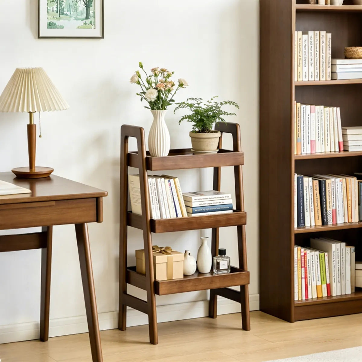 3-Tier Solid Wood Ladder Shelf – Freestanding Bookshelf & Side Table, Walnut