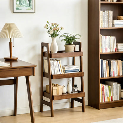 3-Tier Solid Wood Ladder Shelf – Freestanding Bookshelf & Side Table, Walnut
