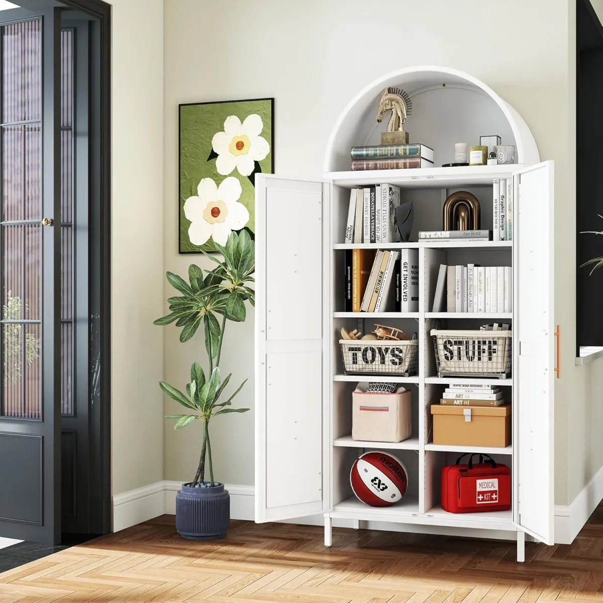 31" Tall Arched Kitchen Pantry Cabinet – Metal, White Freestanding Storage