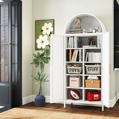 31" Tall Arched Kitchen Pantry Cabinet – Metal, White Freestanding Storage