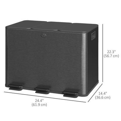 Triple Trash Can with Soft-Close Foot Pedal – 3-Compartment Sorting Bin, Black