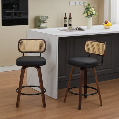 Set of 2 Rattan Cane-Back Swivel Counter Stools