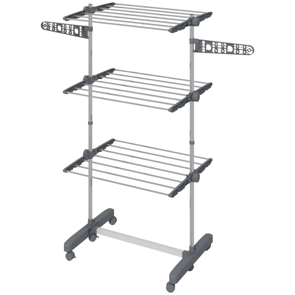 3-Tier Foldable Stainless Steel Clothes Drying Rack with Side Wings and Castors, Grey