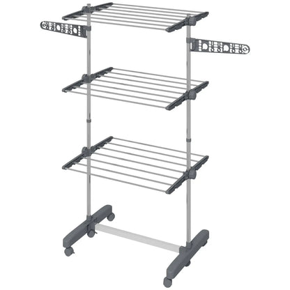 3-Tier Foldable Stainless Steel Clothes Drying Rack with Side Wings and Castors, Grey