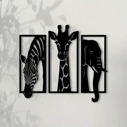 3-Piece Metal African Animal Wall Art Set, Zebra, Giraffe and Elephant Home Decor