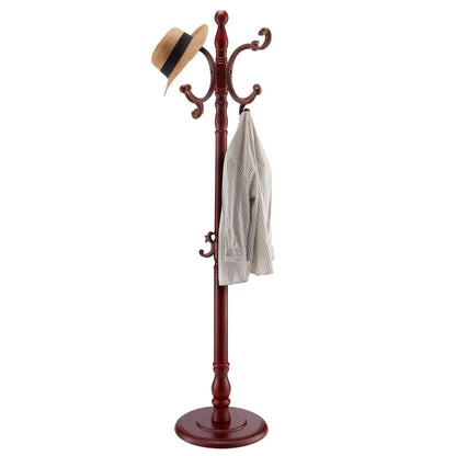Freestanding Wooden Coat Rack with Weighted Base and 11 Hooks, Dark Brown