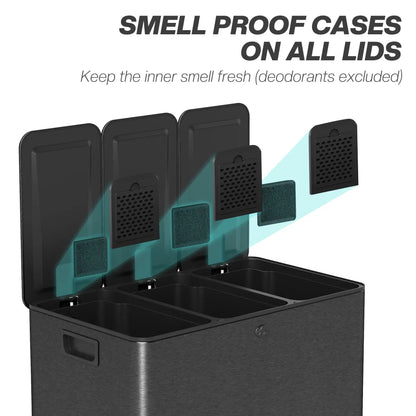 Triple Trash Can with Soft-Close Foot Pedal – 3-Compartment Sorting Bin, Black