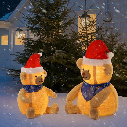 Set of 2 Pre-Lit Plush Bear Christmas Decorations with Warm White LED Lights