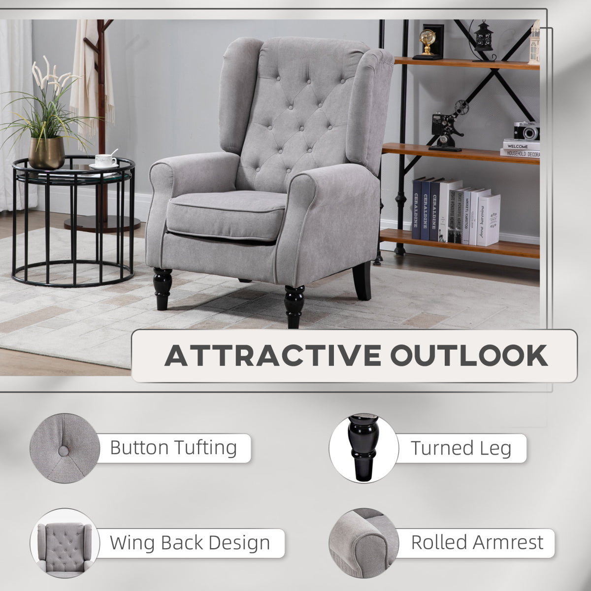 Tufted Club-Style Accent Chair – Gray Fabric with Wooden Legs, Living Room Seating – view 7