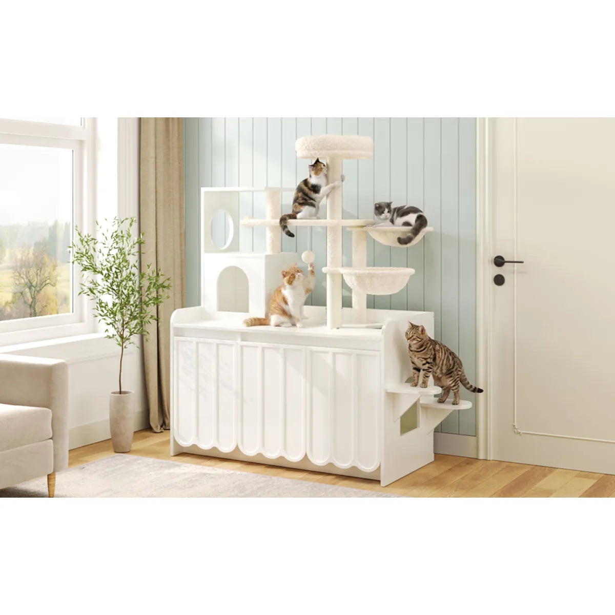 Cat Tree with Litter Box Enclosure, White