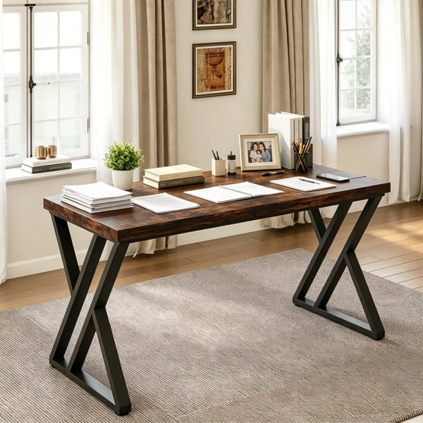 Industrial writing desk with Z-shaped legs, rustic wood and black