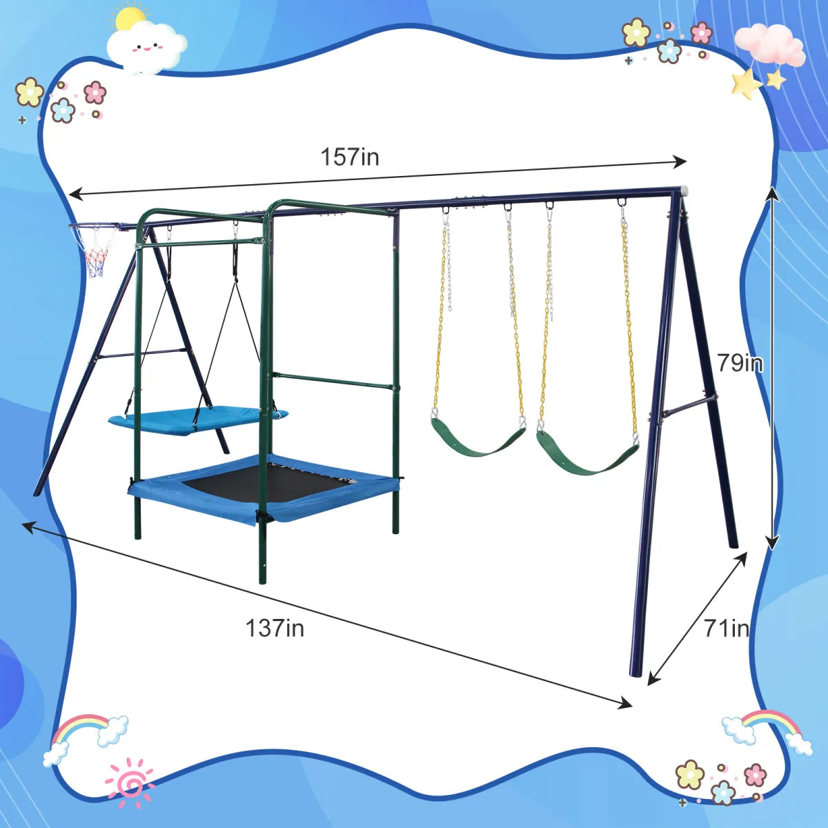 4-in-1 Outdoor Swing Set with Belt Swings, Hammock Swing, Trampoline and Basketball Hoop