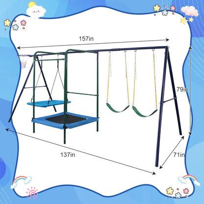 4-in-1 Outdoor Swing Set with Belt Swings, Hammock Swing, Trampoline and Basketball Hoop