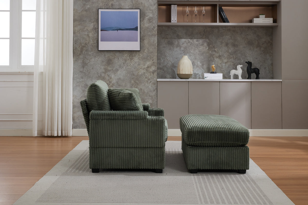 Corduroy Chaise Lounge Sofa with Ottoman, Dark Green – alternate view 3