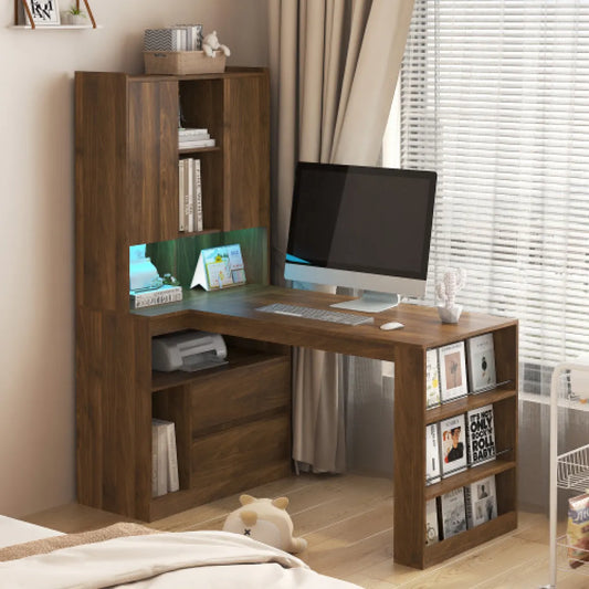 L-Shaped Corner Computer Desk – LED Light, Drawers & Bookshelf, Home Office