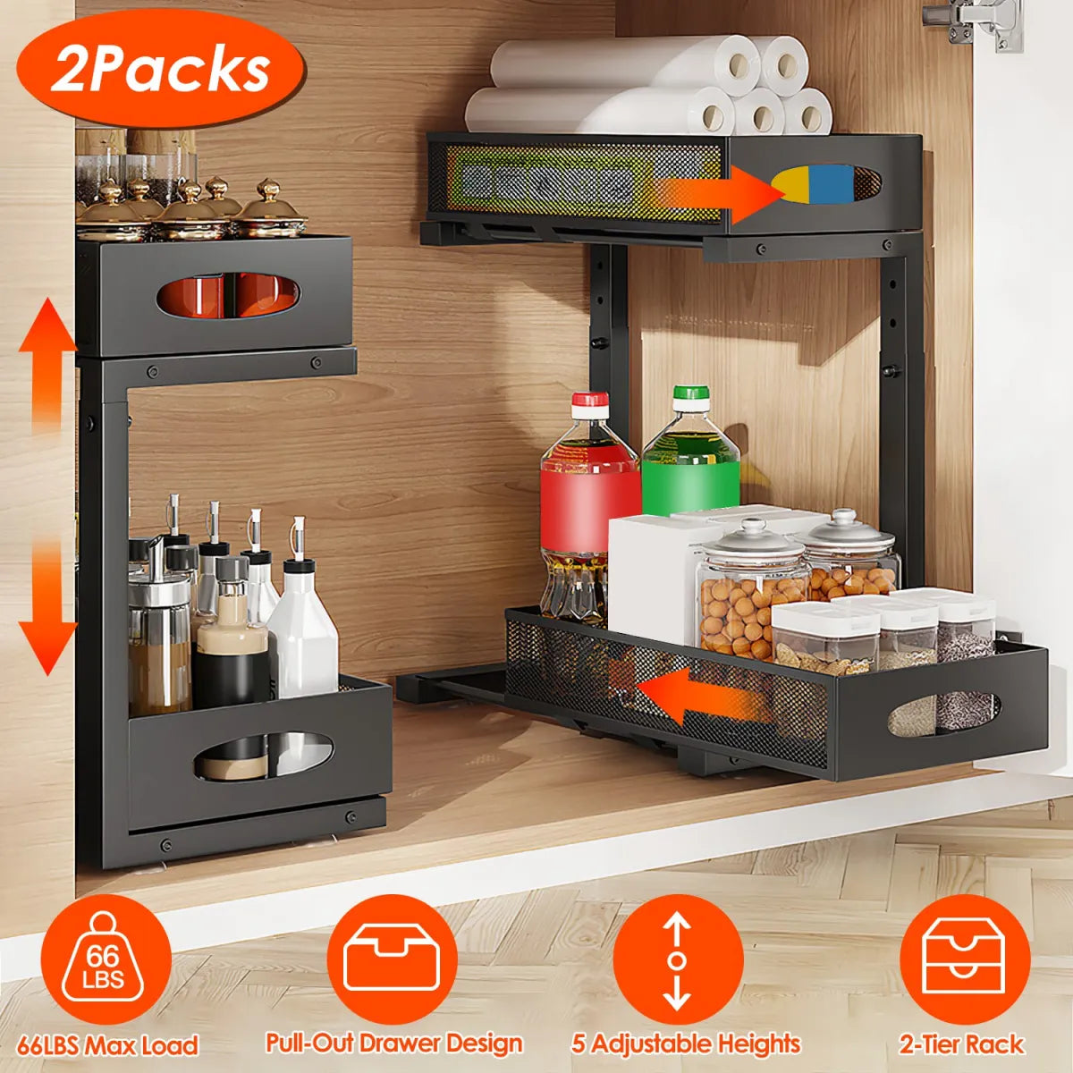 2-Piece Under-Sink Organizer, 2-Tier Pull-Out Cabinet Storage