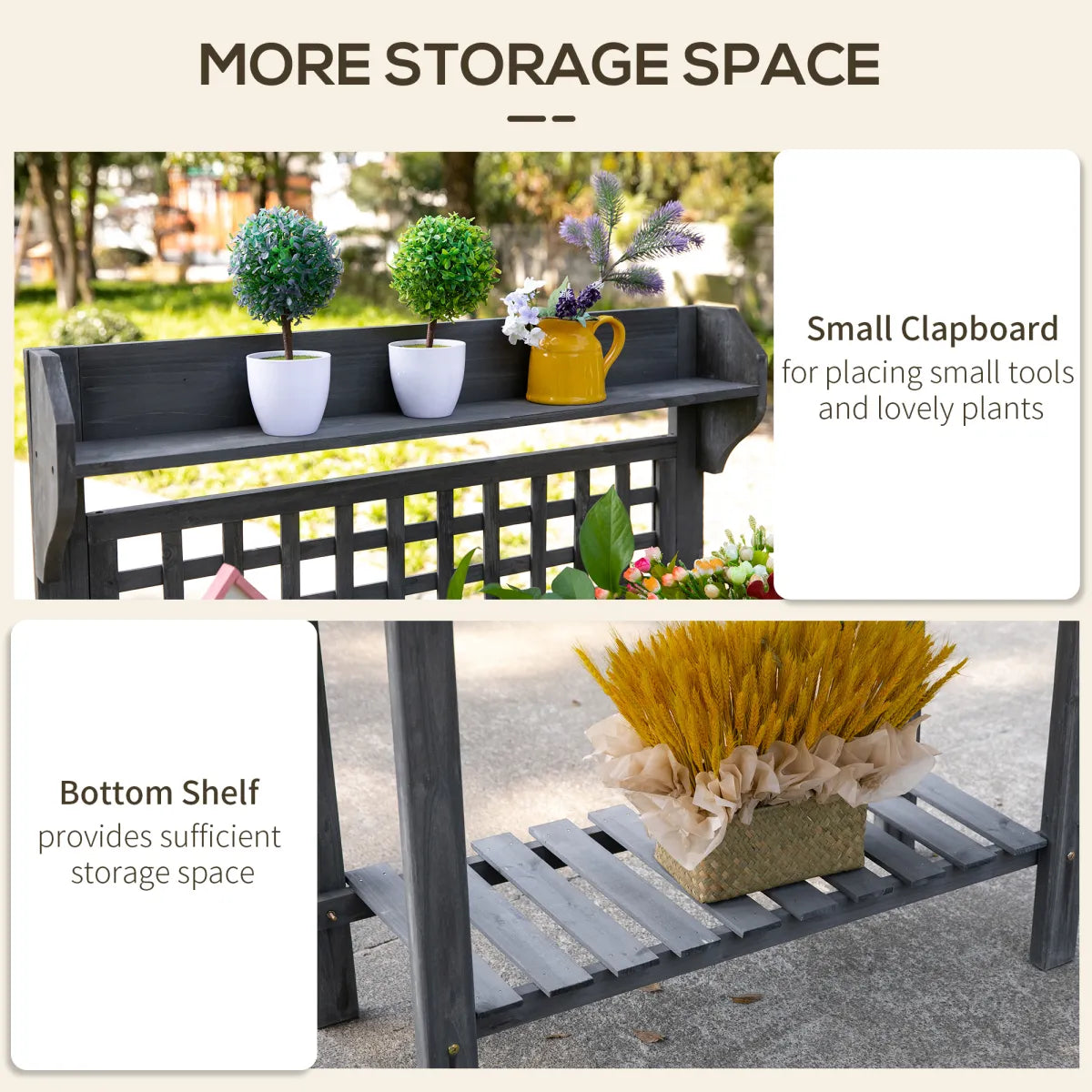 Wooden Garden Potting Bench with Hidden Storage and Sliding Tabletop, Gray
