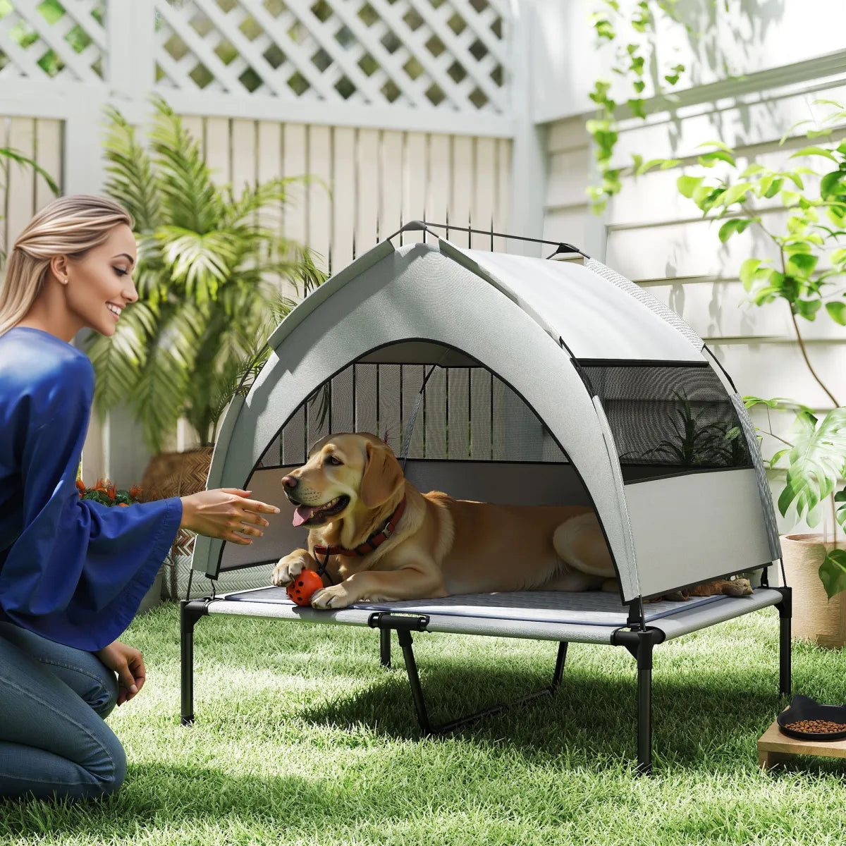 Elevated Dog Bed with Removable Canopy and Cooling Pad, Light Gray