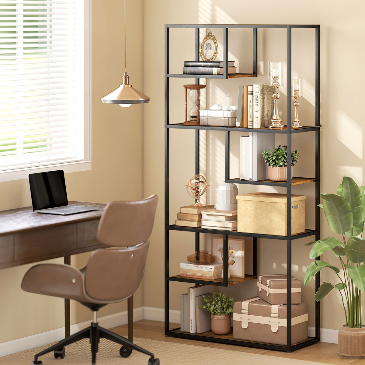 Industrial 6-tier bookcase, rustic brown