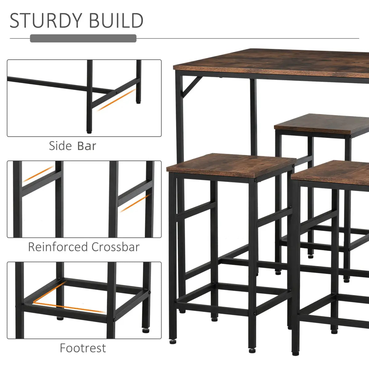 5-Piece Industrial Bar Table & 4 Stools Set, Space-Saving Pub Set – view 4