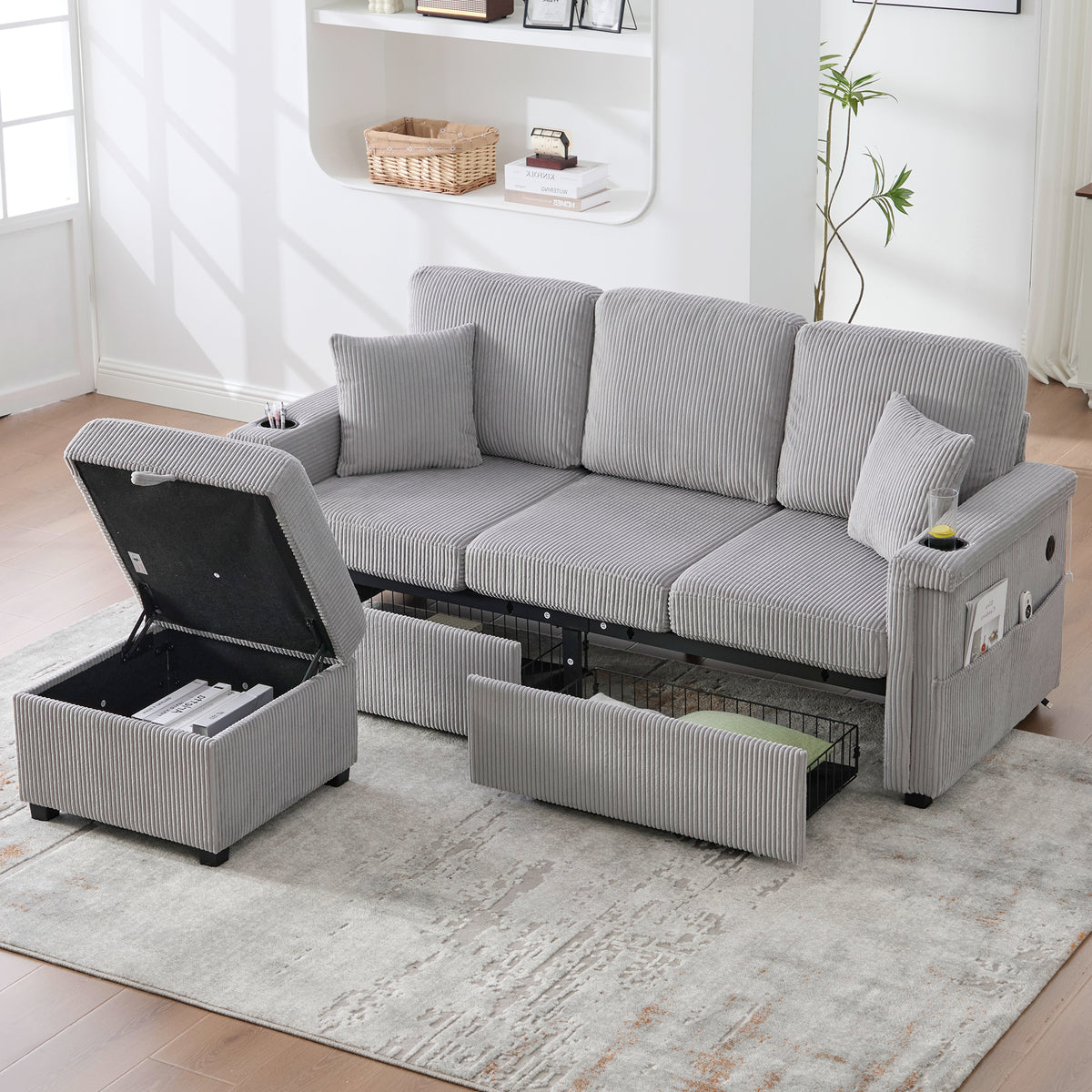 Modular Velvet Sofa with LED & USB-C, Light Grey