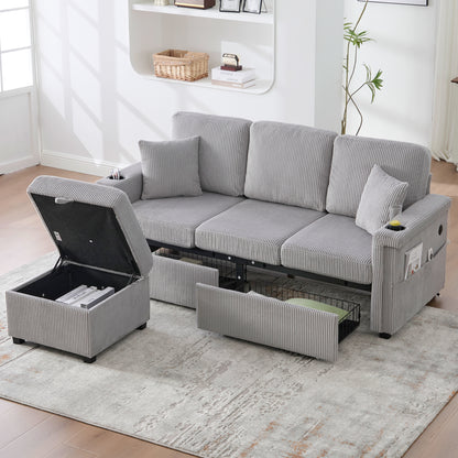 Modular Velvet Sofa with LED & USB-C, Light Grey