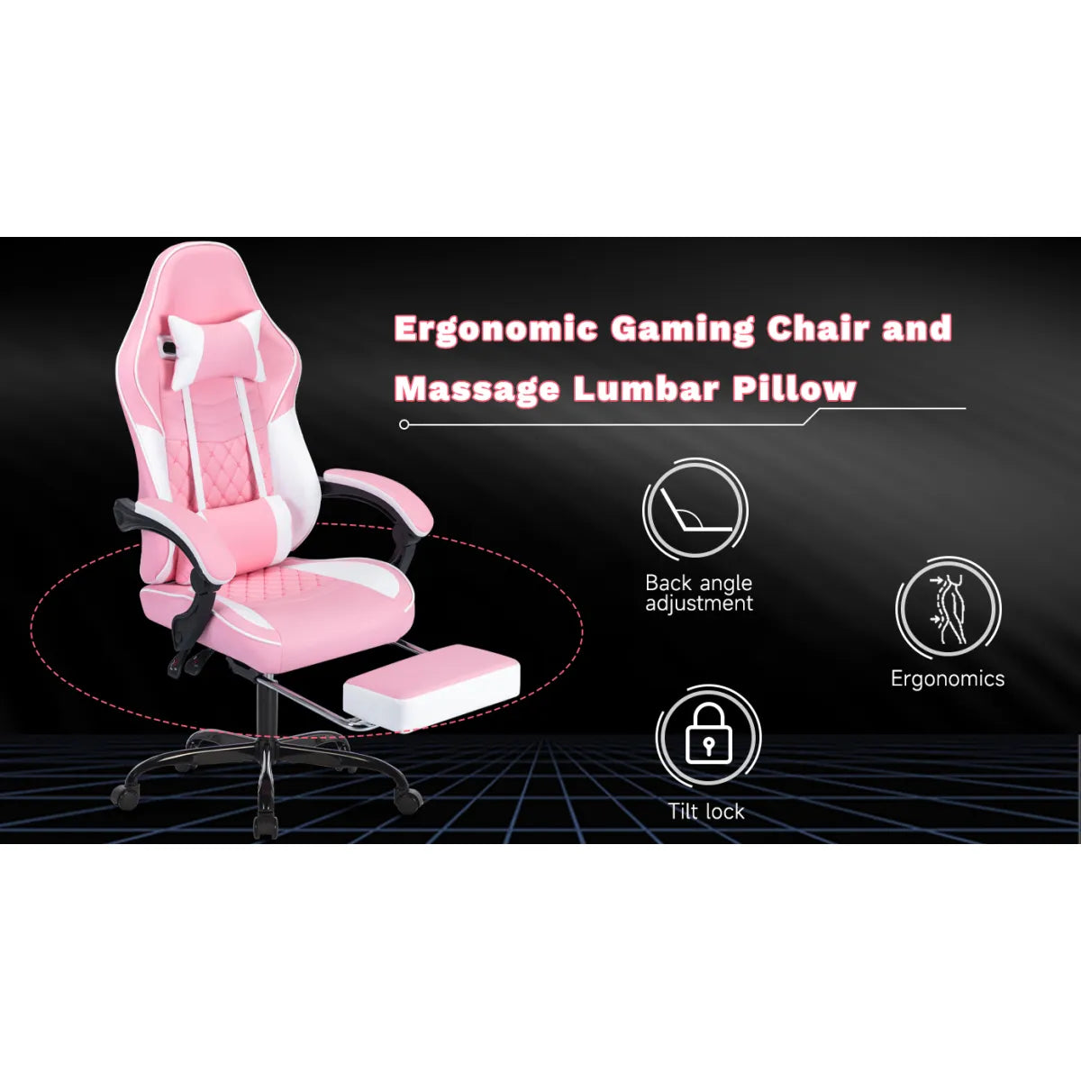 Ergonomic Racing Style Gaming Chair – Massage Lumbar Support, Footrest, Adjustable Headrest, Pink White – view 3
