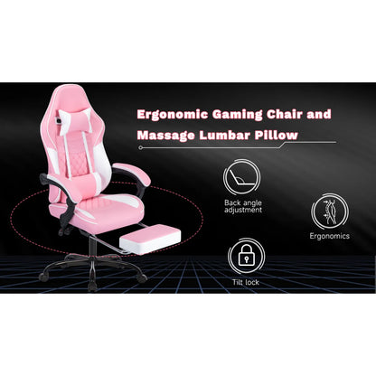 Ergonomic Racing Style Gaming Chair – Massage Lumbar Support, Footrest, Adjustable Headrest, Pink White – view 3