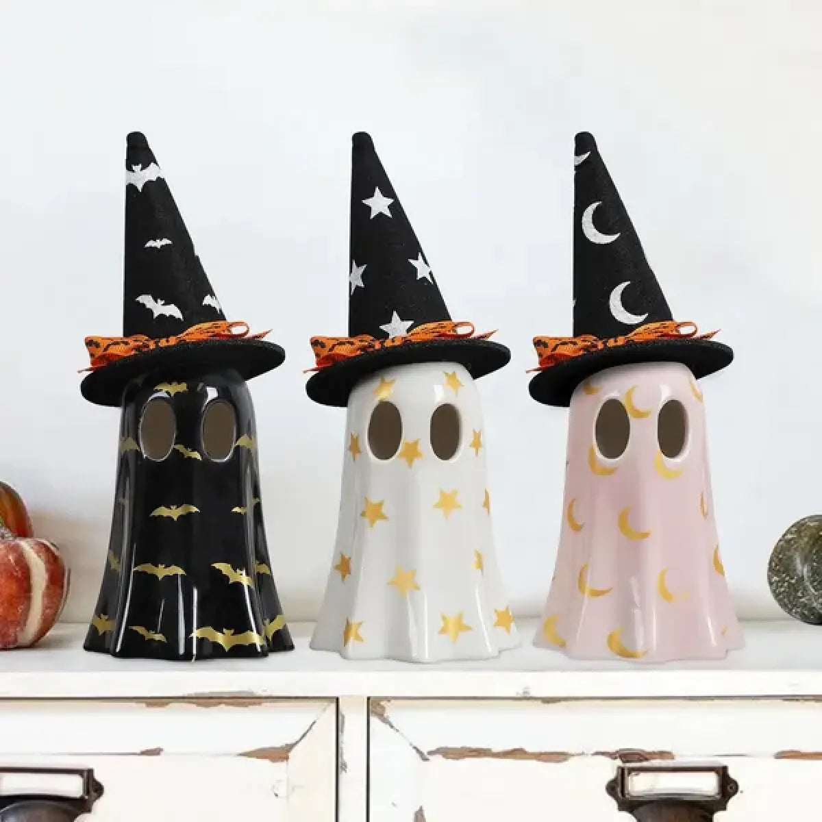 Set of 3 Ceramic Halloween Ghosts with Witch Hats, Spooky Mantel and Shelf Decor