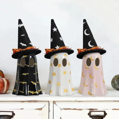 Set of 3 Ceramic Halloween Ghosts with Witch Hats, Spooky Mantel and Shelf Decor
