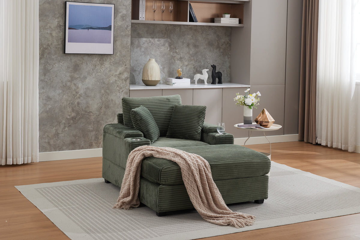 Corduroy Chaise Lounge Sofa, Dark Green Wide-Stripe