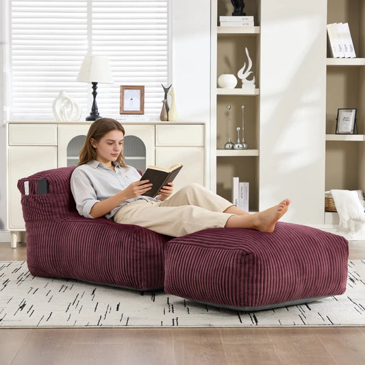Corduroy Bean Bag Chair with Ottoman, Wine Red