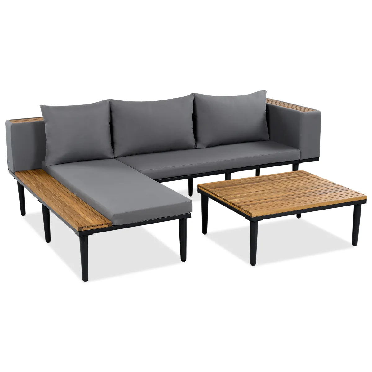 L-Shaped Acacia Wood Outdoor Sectional Sofa Set with Coffee Table and Side Table, Gray