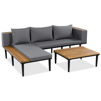 L-Shaped Acacia Wood Outdoor Sectional Sofa Set with Coffee Table and Side Table, Gray