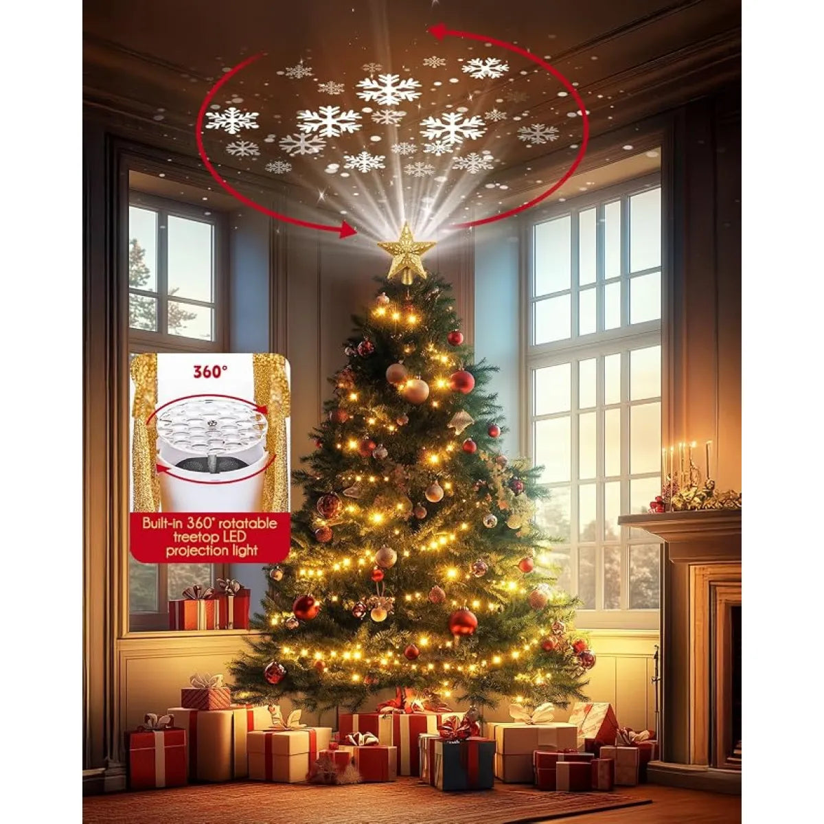 Star Christmas Tree Topper with Snowflake Projector Lights