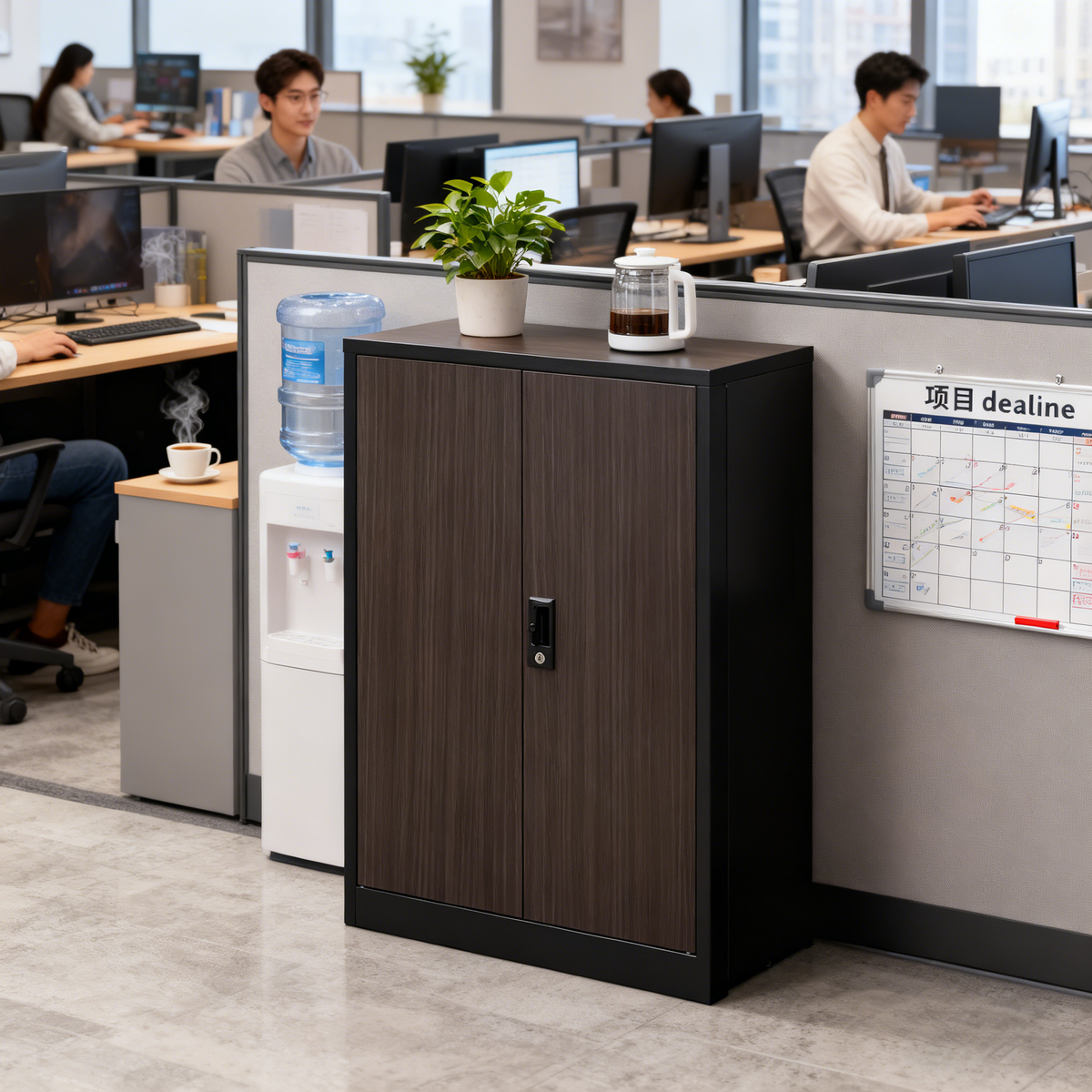 Folding metal storage cabinet with locking doors