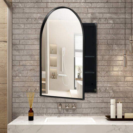 24x36 Arched Recessed Medicine Cabinet – Metal Framed Mirror, Matte Black Bathroom Storage