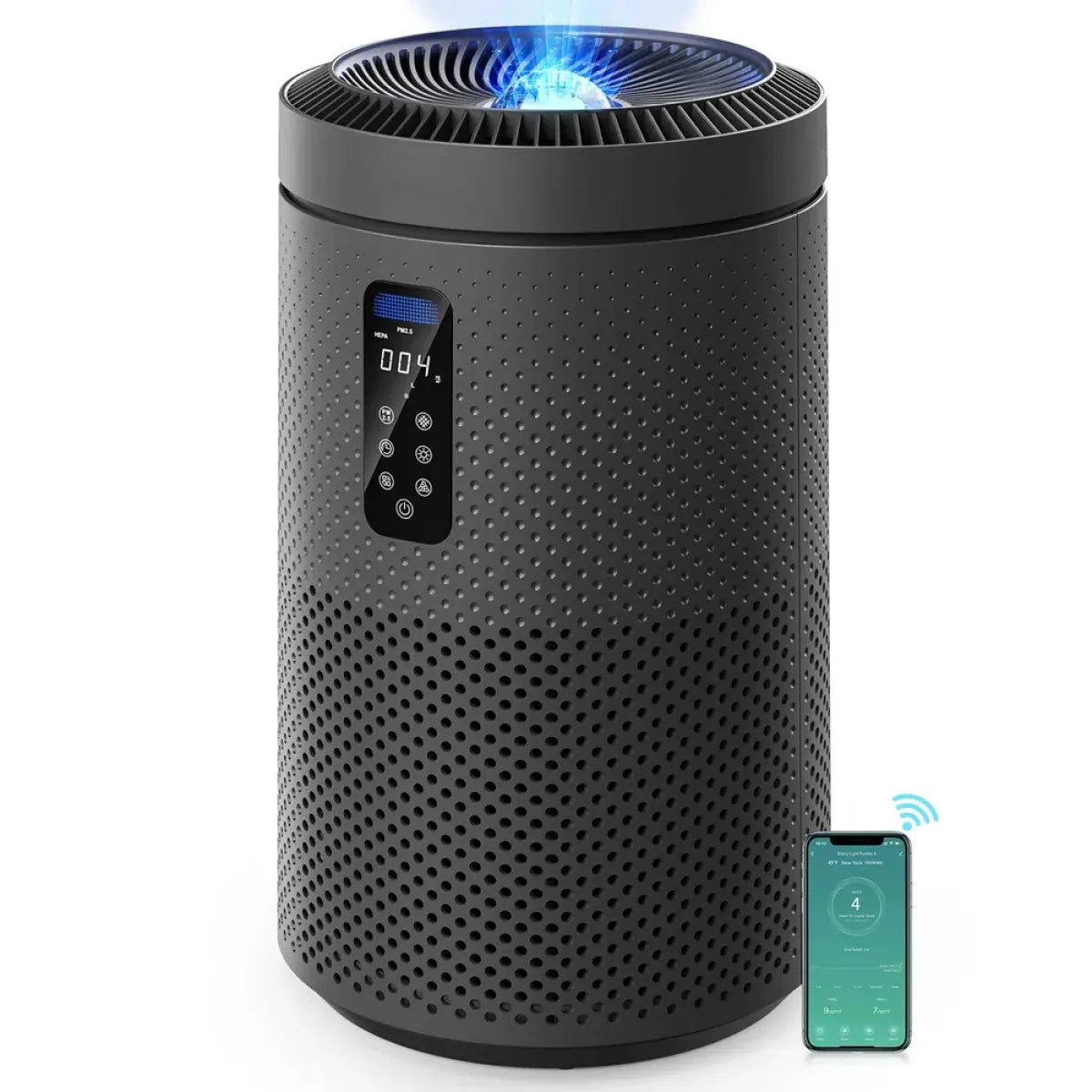 Smart WiFi Air Purifier with UV Sterilization and Washable Filter, Black