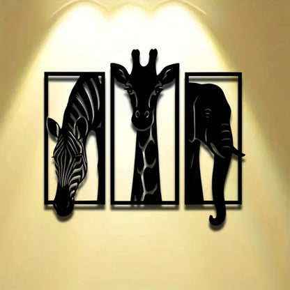 3-Piece Metal African Animal Wall Art Set, Zebra, Giraffe and Elephant Home Decor