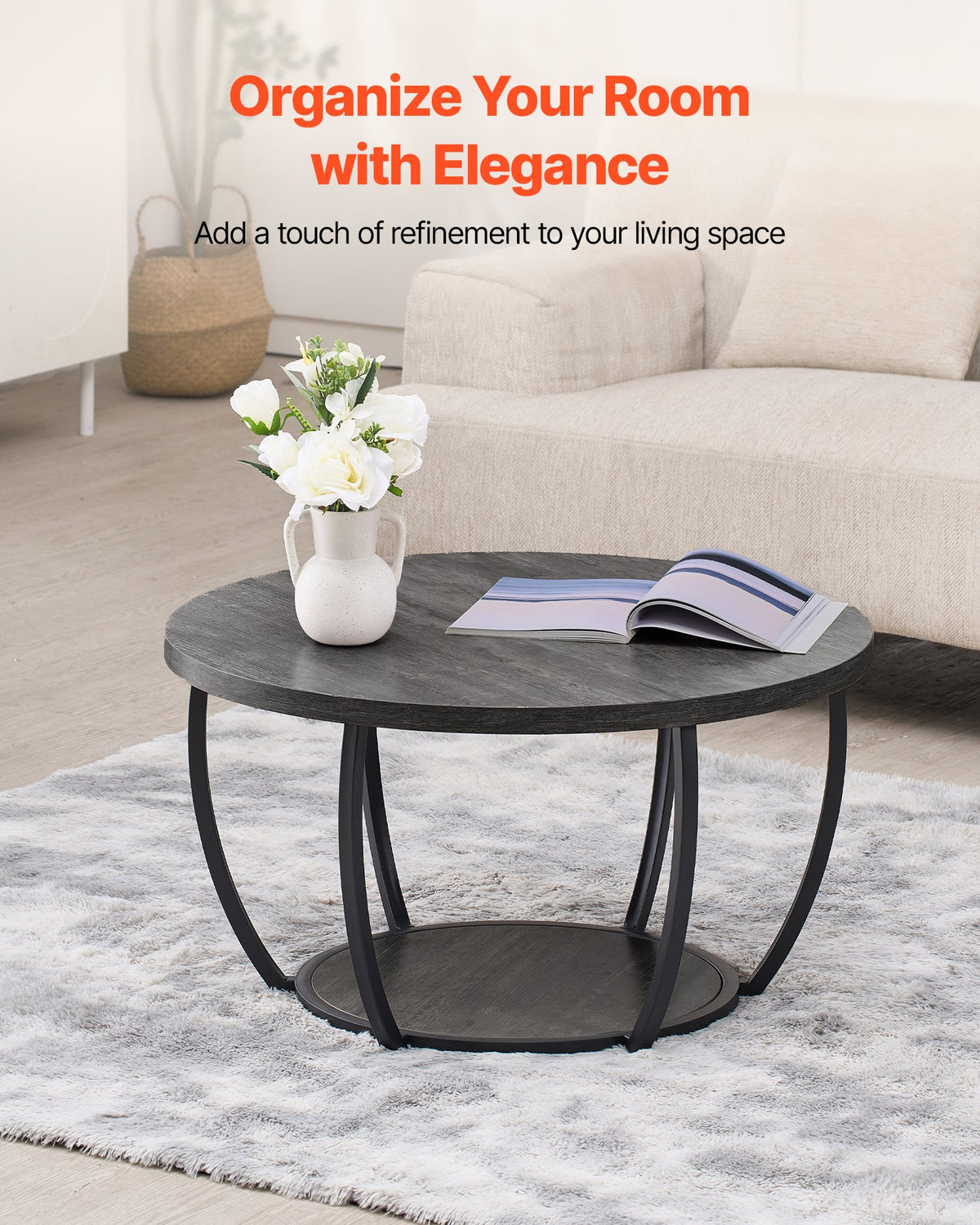 Round 2-tier coffee table, charcoal gray