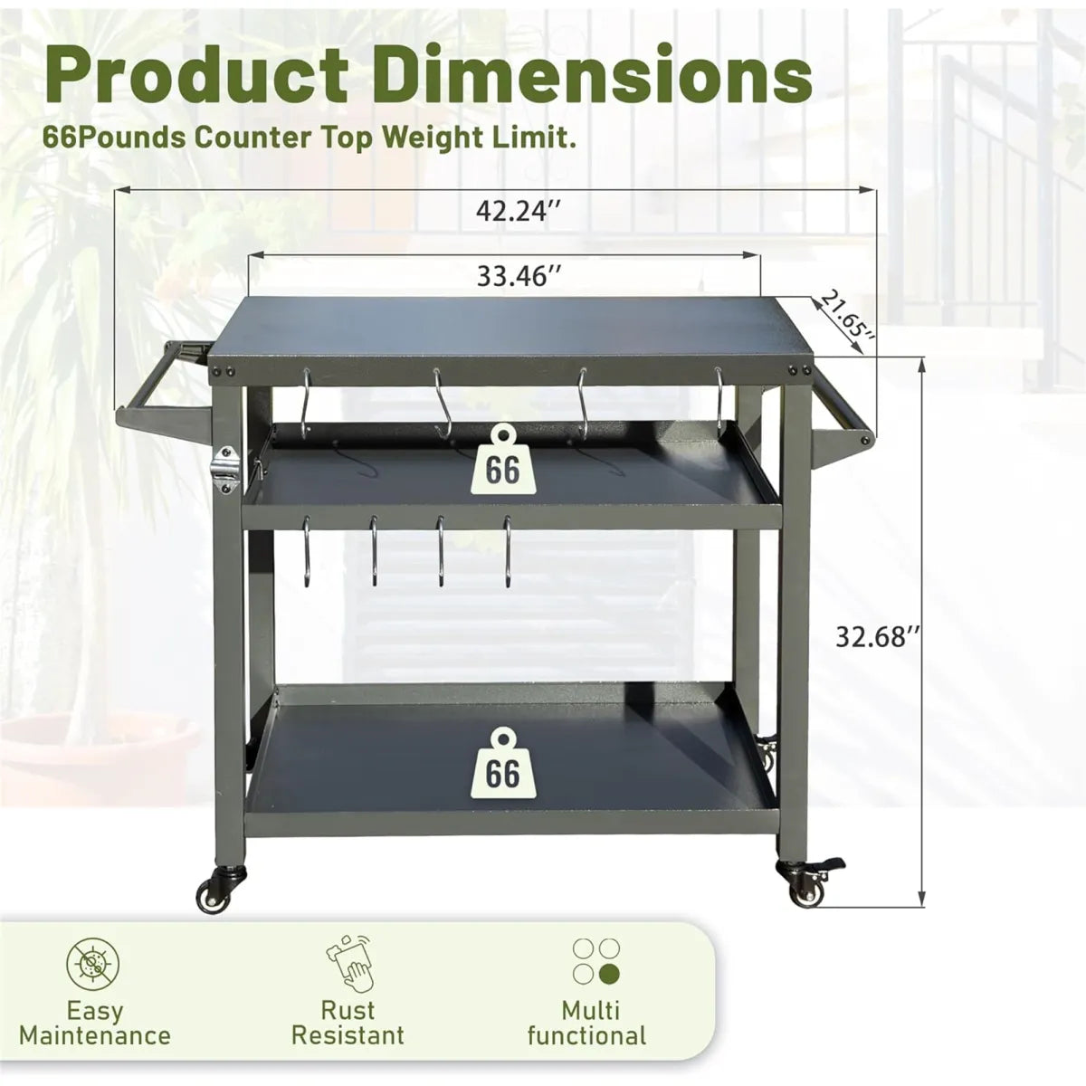 3-Shelf Outdoor Grill Prep Cart with Wheels and Propane Tank Hook