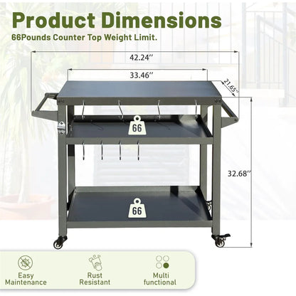 3-Shelf Outdoor Grill Prep Cart with Wheels and Propane Tank Hook