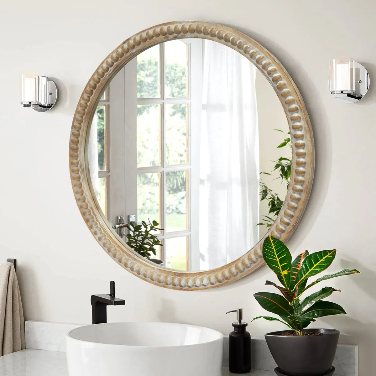 Round Distressed Wood Beaded Frame Accent Mirror – view 2