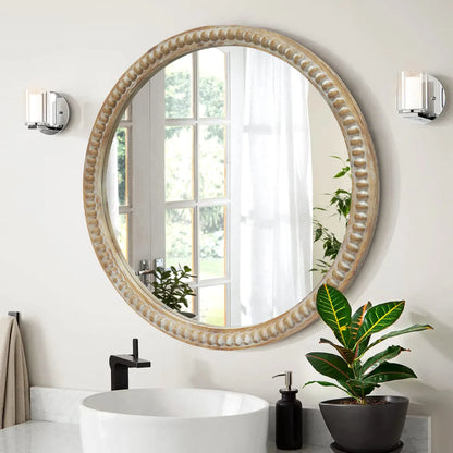 Round Distressed Wood Beaded Frame Accent Mirror – view 2