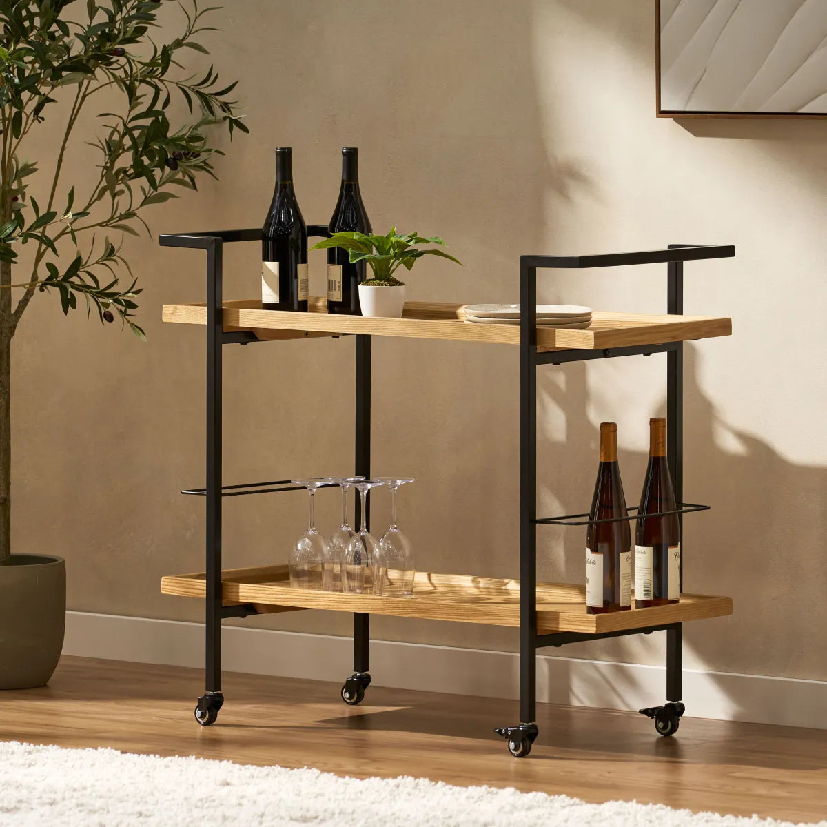 Rolling Bar Cart, Natural Wood – view 7
