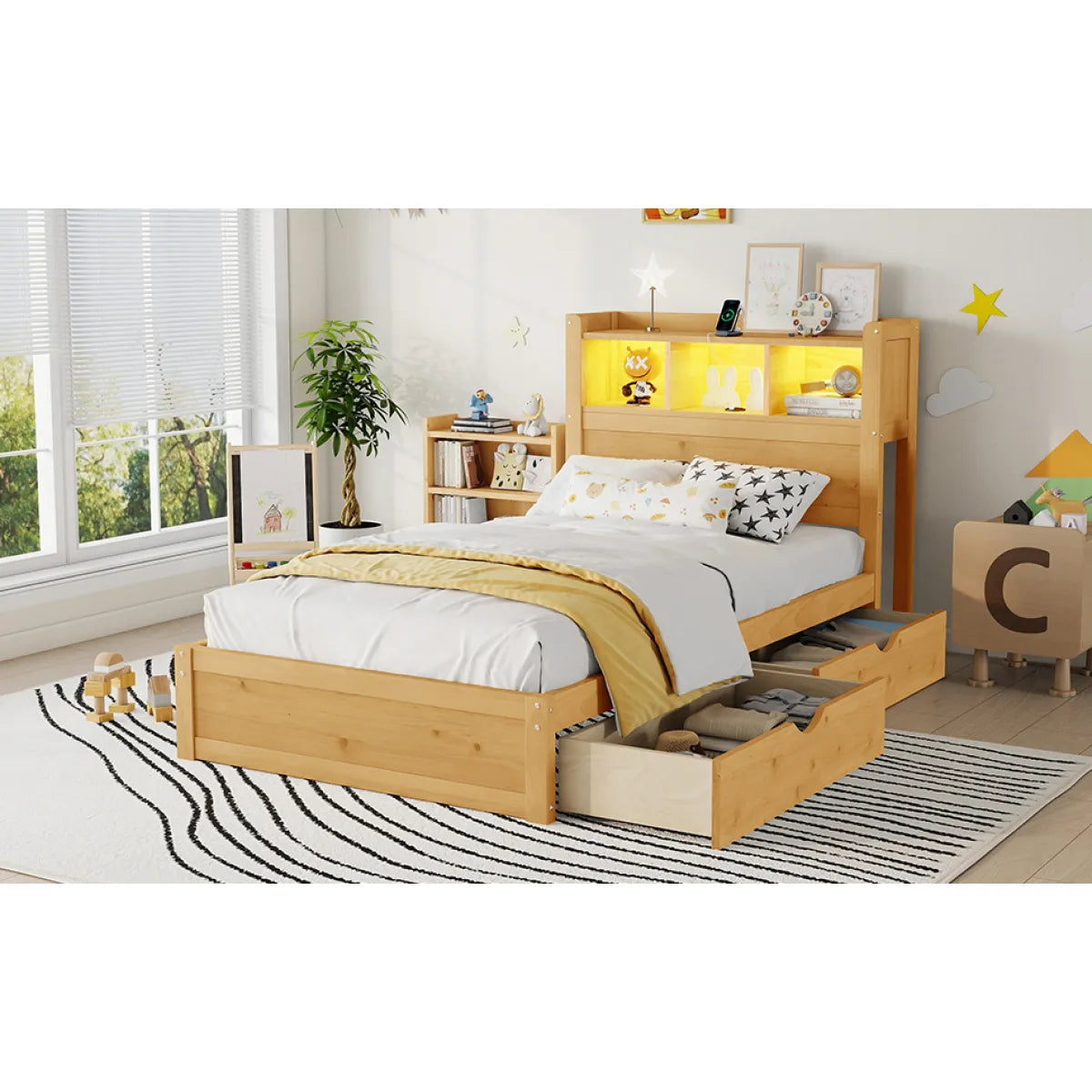 Twin Wood Bed Frame with Storage Headboard, Pull-Out Cabinet. – view 4