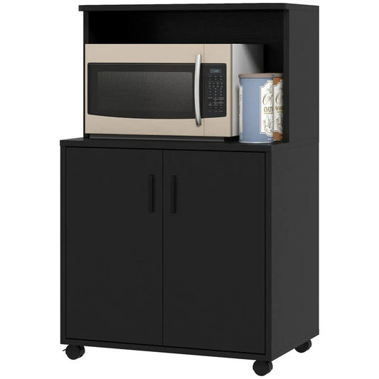 Rolling Microwave Cart with 2-Door Cabinet and Open Shelves, Black Wood Grain