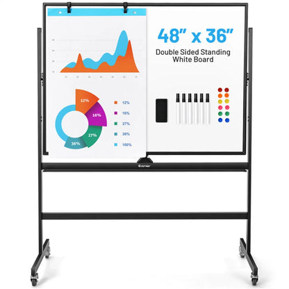 Mobile Magnetic Whiteboard on Wheels, Height Adjustable Double-Sided Reversible