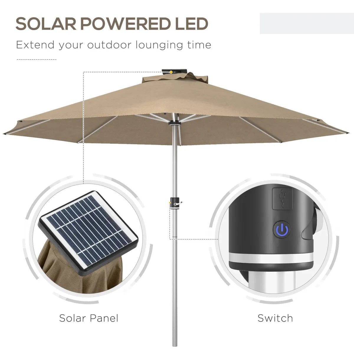 Solar LED Lighted Patio Umbrella, Khaki